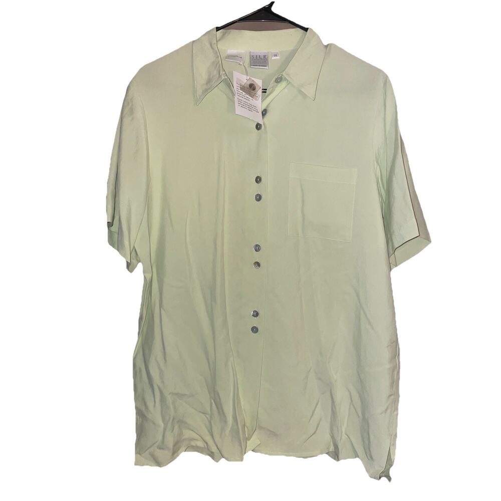 Beautiful Classy Women’s 100% Silk Light Green Blouse Sz 14 NEW Button Down